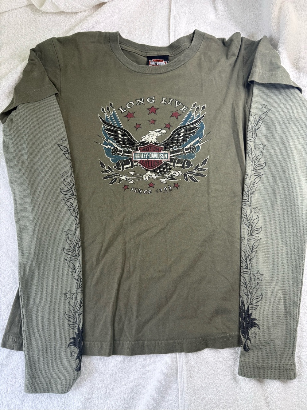 Harley-Davidson Olive Green Long Sleeve Graphic Tee with Eagle Crest